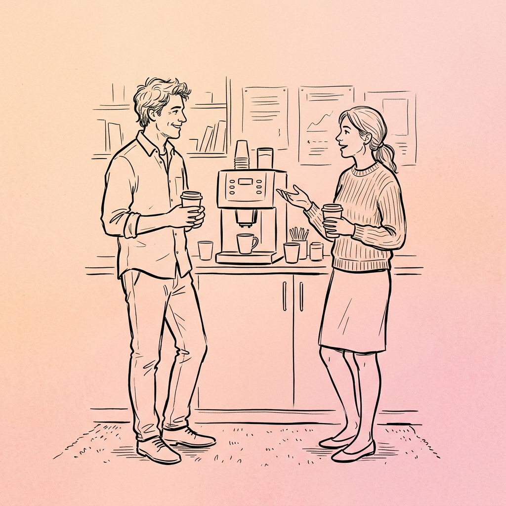 Ink drawing of two colleagues chatting beside an office coffee machine